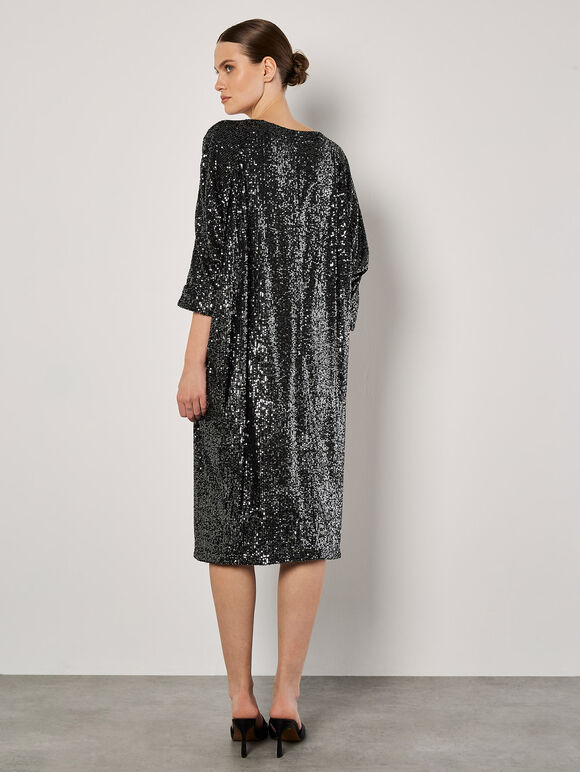 Sequin Cocoon Midi Dress, Dark Grey - Charcoal, large