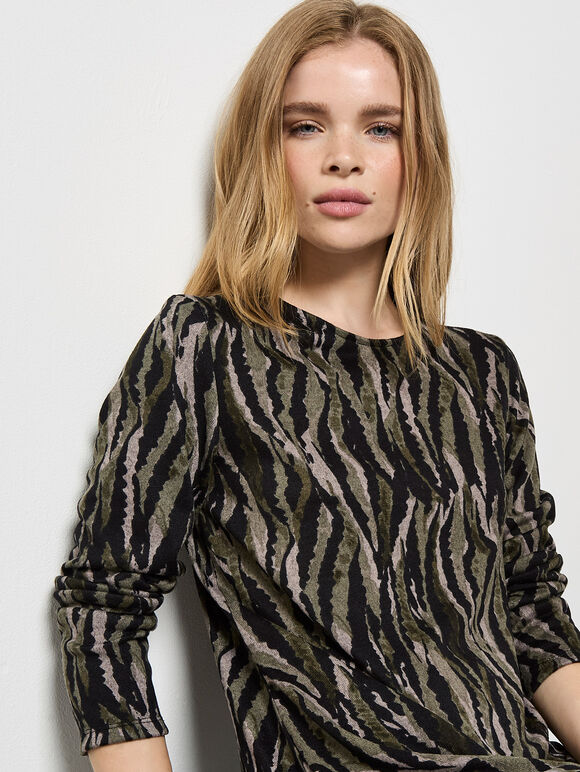 Zebra Knit Swing Mini Dress, Khaki, large