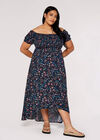 Curve Floral Bardot Midi Dress, Navy, large