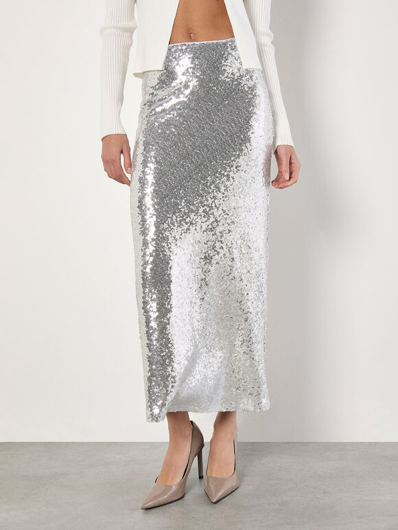 Sequin Bias Cut Midaxi Skirt, Light Grey / Silver, large