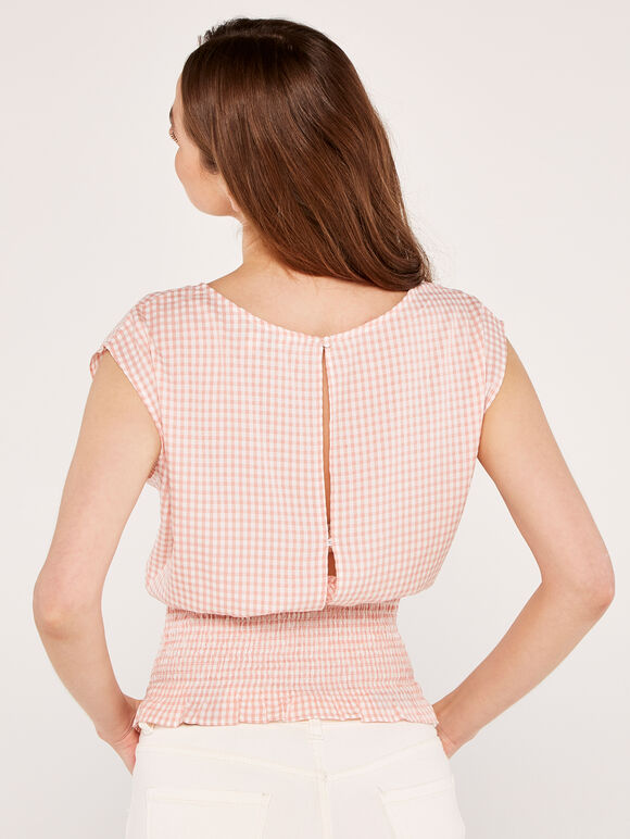 Gingham Shirred Crop Top, Pink, large
