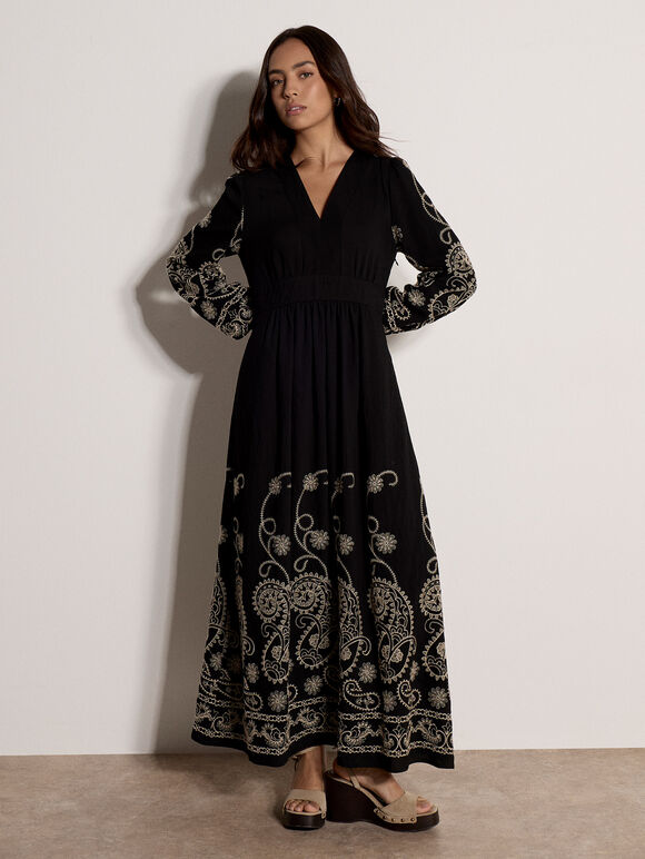 Paisley Embroidered Maxi Dress, Black, large