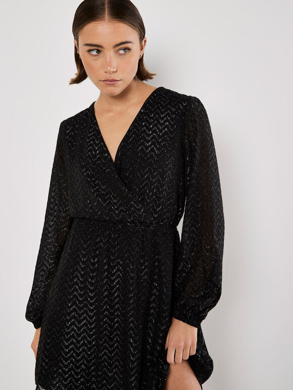 Chevron Shimmer Wrap Mini Dress, Black, large