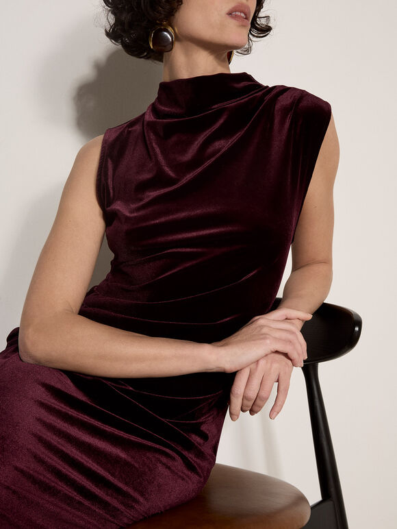 Velvet Bodycon Midaxi Dress, Burgundy, large