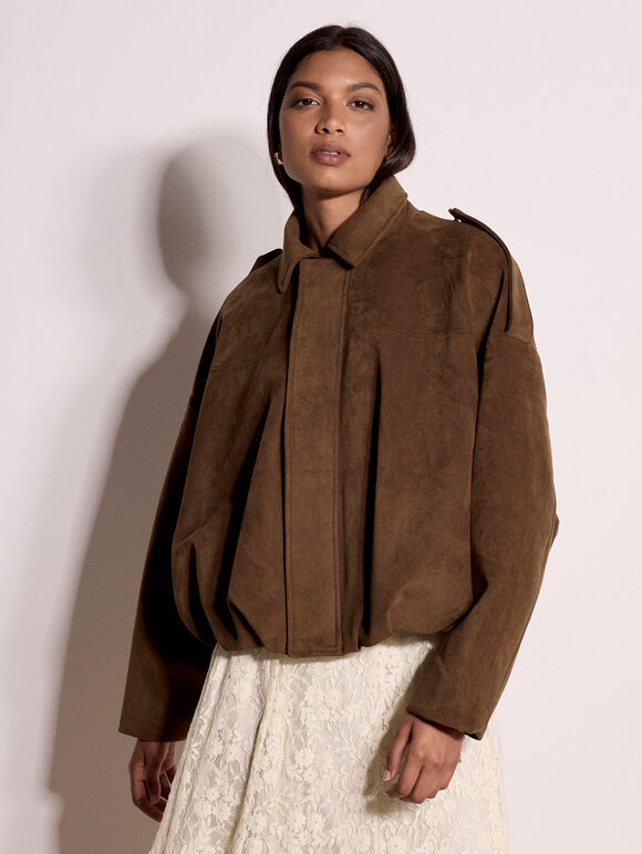 Suede Bubble Hem Batwing Jacket, Brown, large