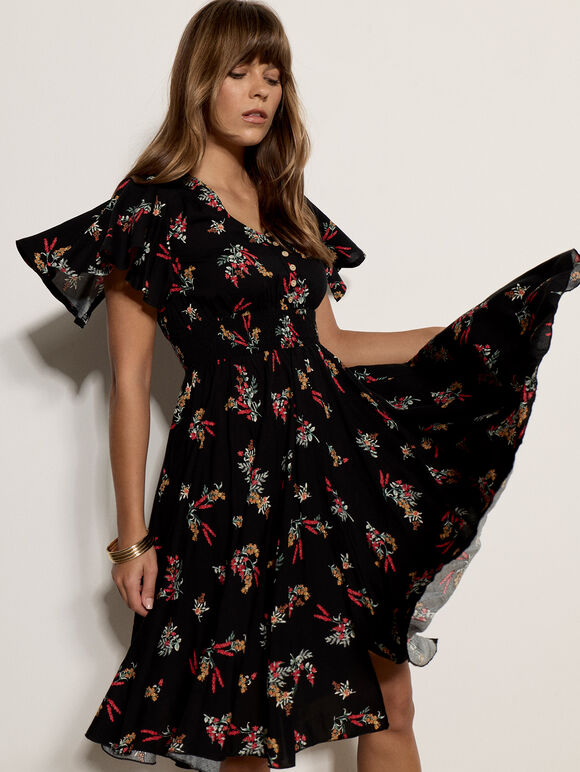 Botanical Floral Smocked Midi Dress, Black, large