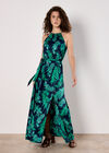 Tropical Leaf Satin Halter Neck Maxi Dress, Navy, large