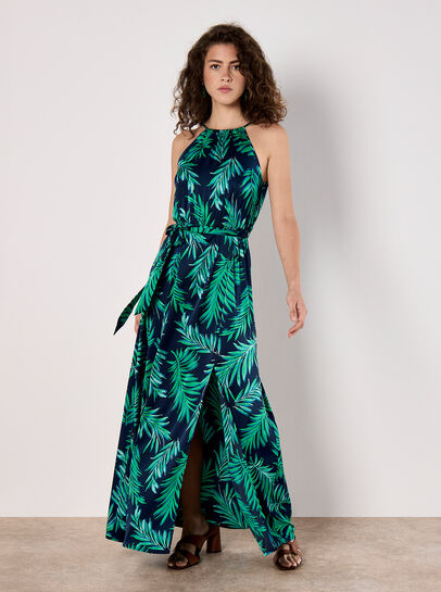 Tropical Leaf Satin Halter Neck Maxi Dress