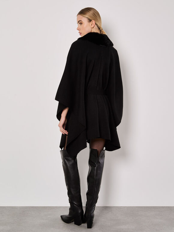 Faux Fur Collar Poncho, Black, large