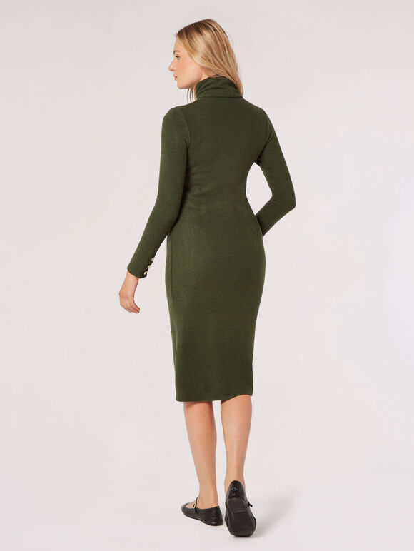 Roll Neck Knit Midi Dress, Green, large