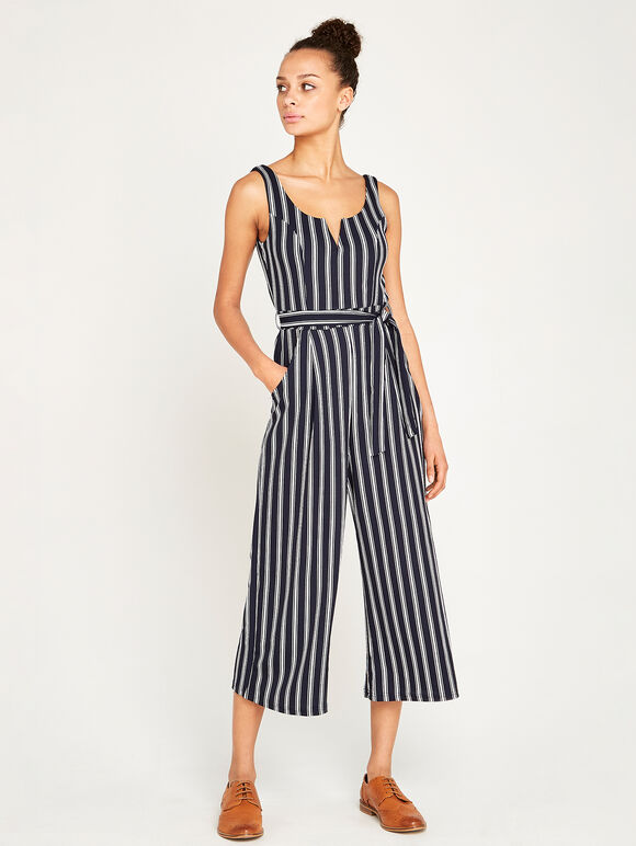 Striped Culotte Jumpsuit, Navy, large