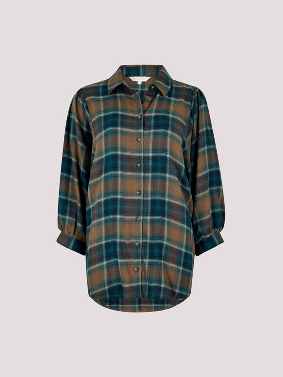 Soft Touch Balloon Sleeve Check Shirt, Brown, large