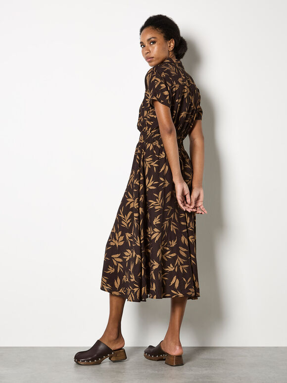Textured Leaf Shirt Midi Dress, Brown, large