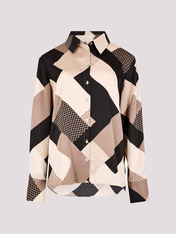 Geo Print Satin Shirt, Stone, large