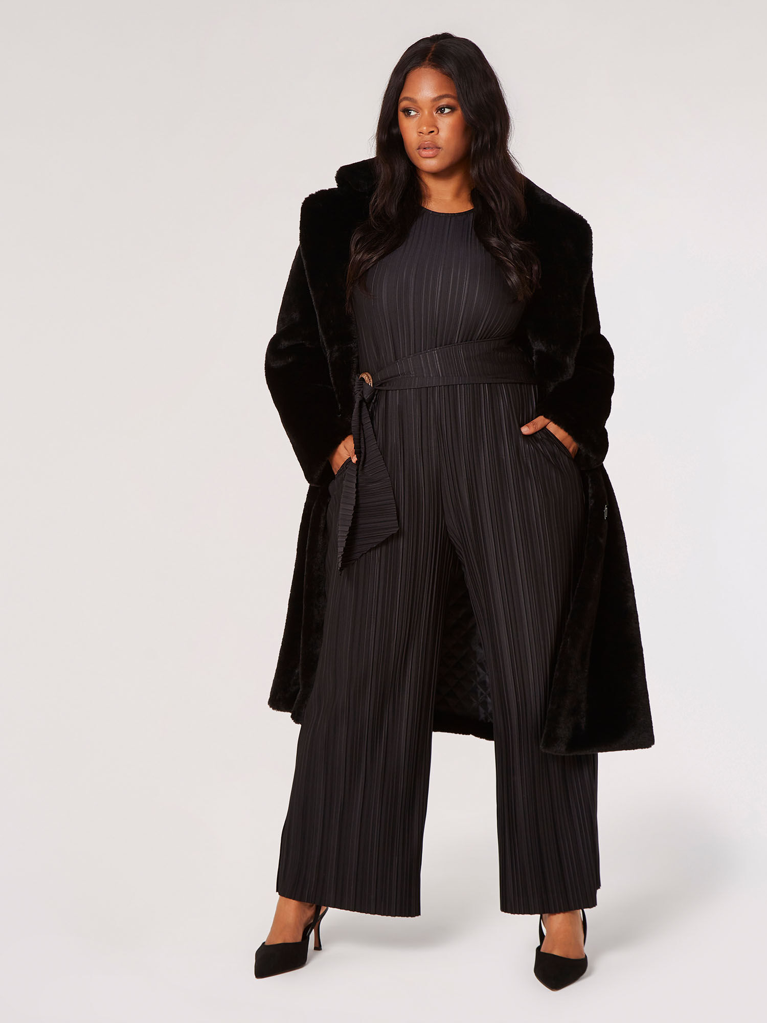 Black soft faux best sale fur longline coat
