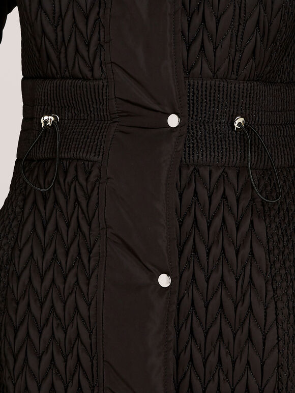 Black Quilted Chevron Fur Hood Jacket, Black, large