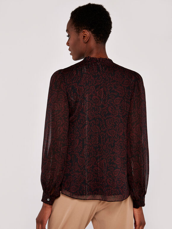 Folk Leaf Tie Neck Cuff Sleeve Top, Burgundy, large