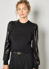 Sequin Arm Ribbed Knit Jumper, Black, large