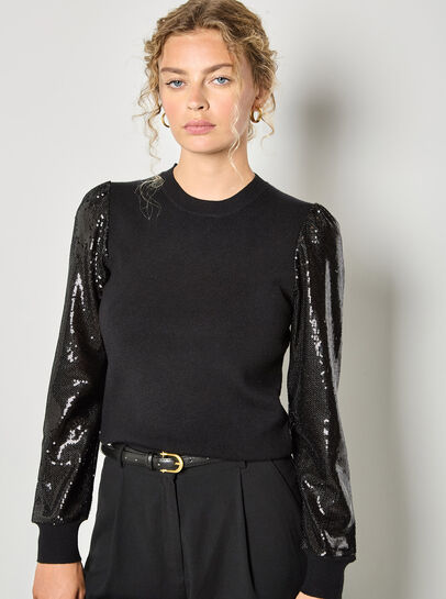 Sequin Arm Ribbed Knit Jumper