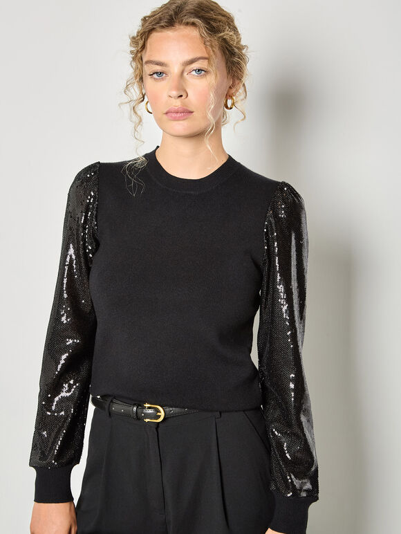 Sequin Arm Ribbed Knit Jumper, Black, large