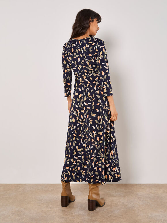 Leaf Print Wrap Maxi Dress, Navy, large
