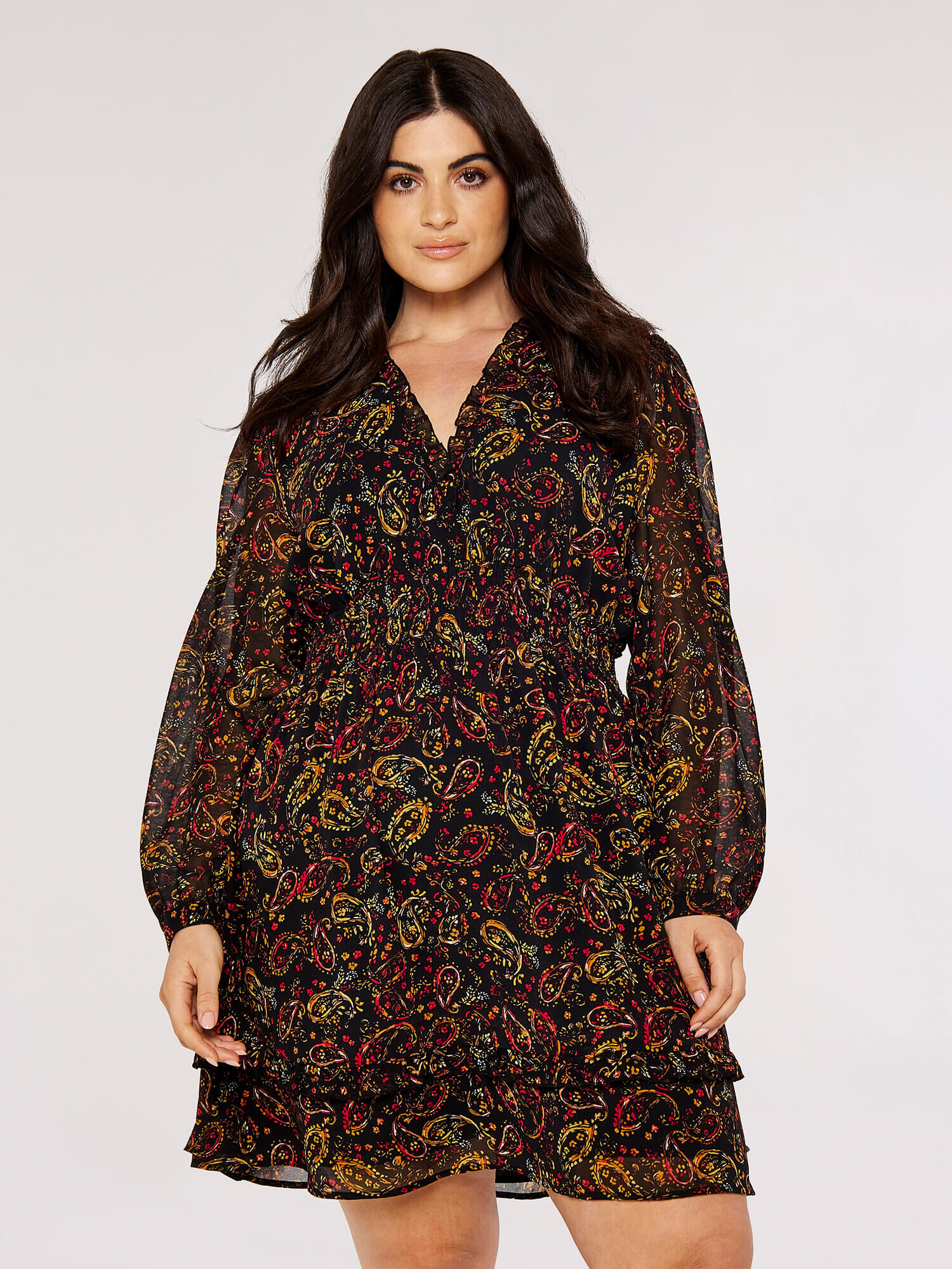 Curve Paisley Smock Dress Apricot Clothing