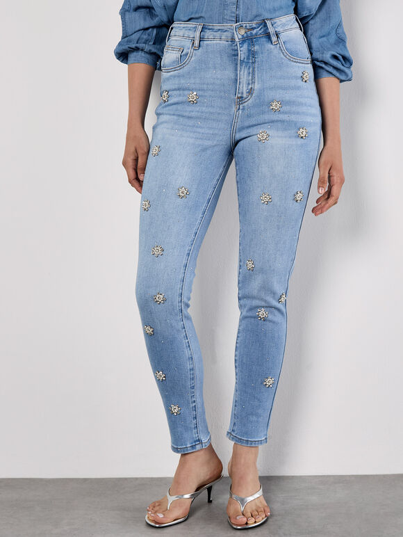 Slim Fit Rhinestone Pearl Jeans, Blue, large