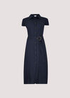 Linen Blend Belted Shirt Midi Dress, Navy, large