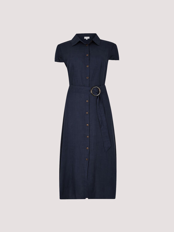 Linen Blend Belted Shirt Midi Dress, Navy, large