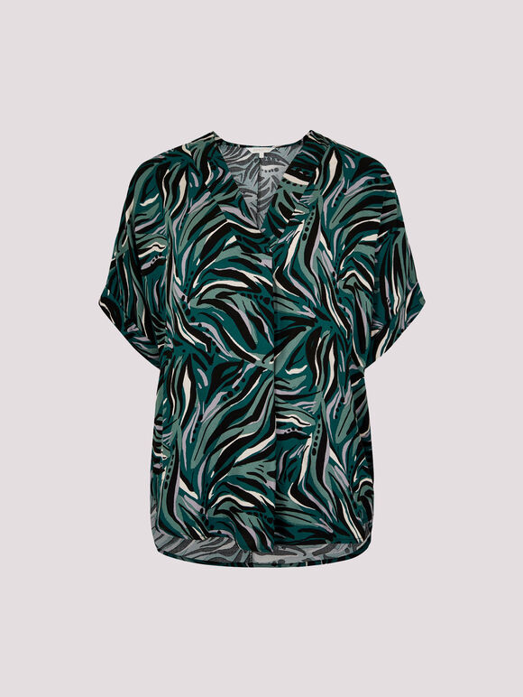 Abstract Print Pleat Blouse, Green, large
