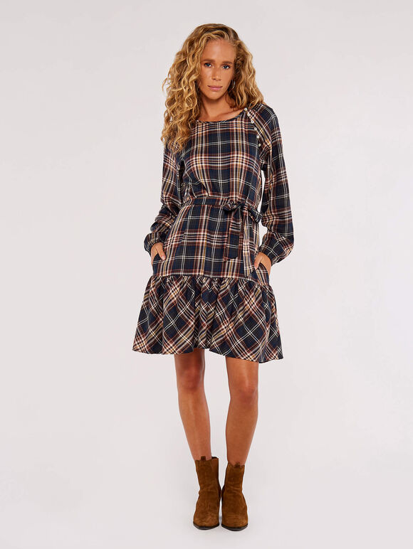 Check Print Ruffle Mini Dress, Rust, large