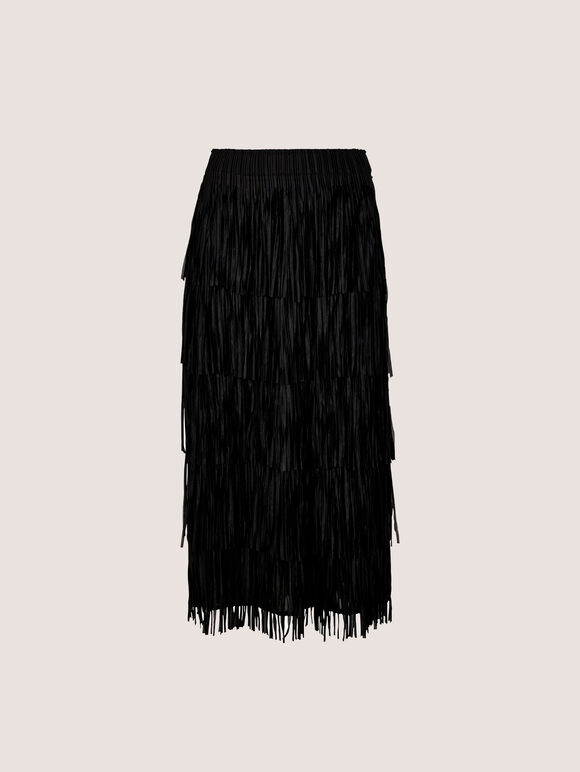 Fringe Trim Tiered Midi Skirt, Black, large