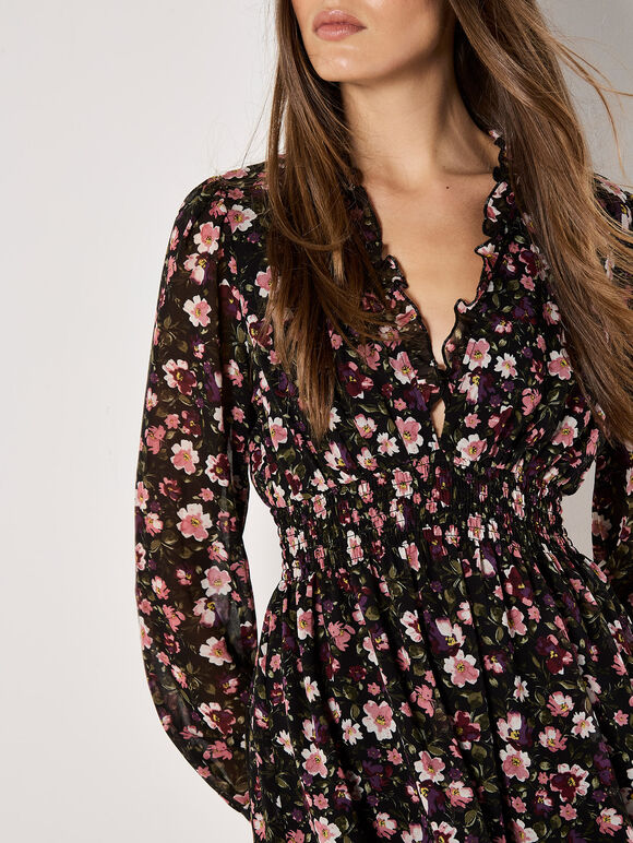 Floral Ruffle Chiffon Mini Dress, Black, large