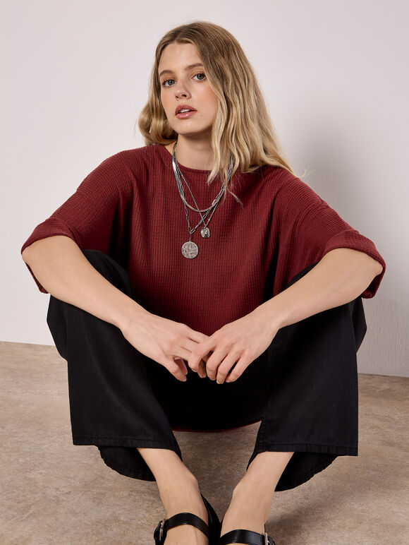 Soft-Touch Batwing Waffle Knit Top, Burgundy, large
