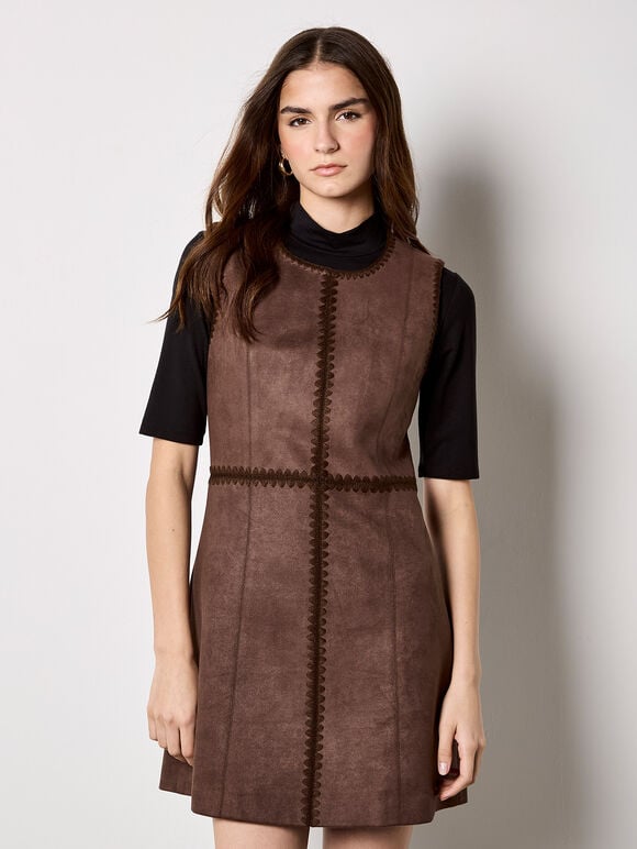 Stitch Detail Suedette Mini Dress, Brown, large