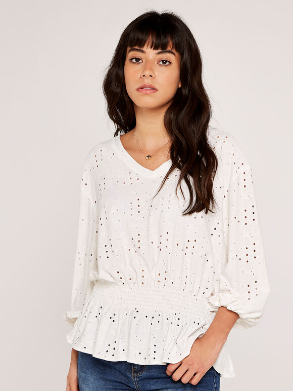 Broderie Batwing Blouse, Cream, large