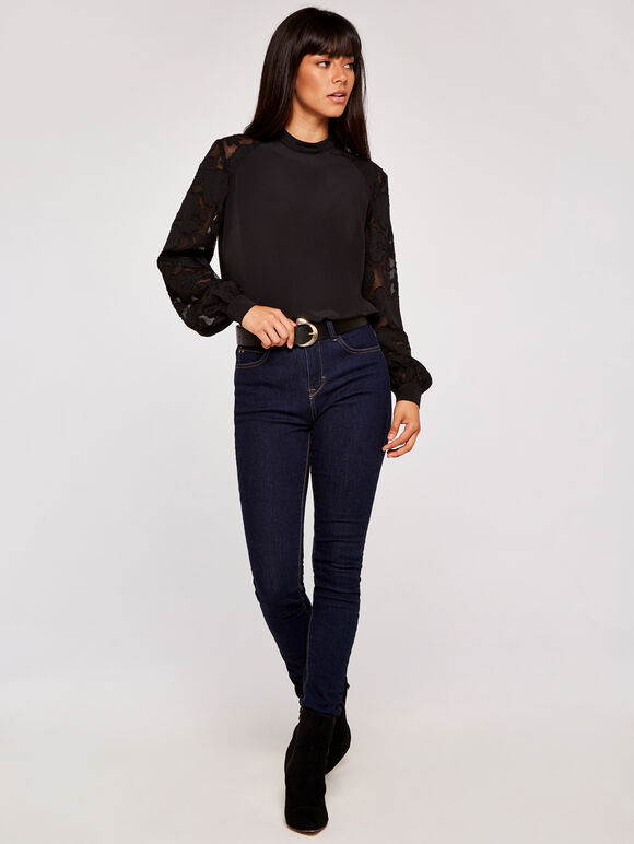 Sheer Raglan Sleeve Mock Neck Top, Black, large