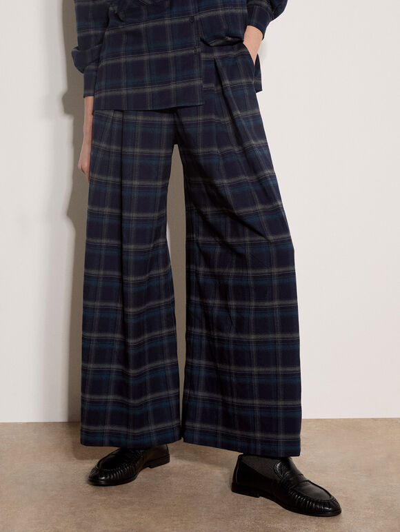 Check Print Wide-Leg Trousers, Navy, large