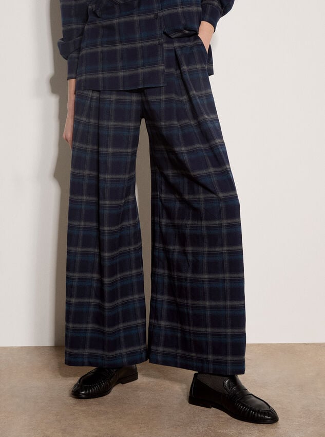 Check Print Wide-Leg Trousers, Navy, large