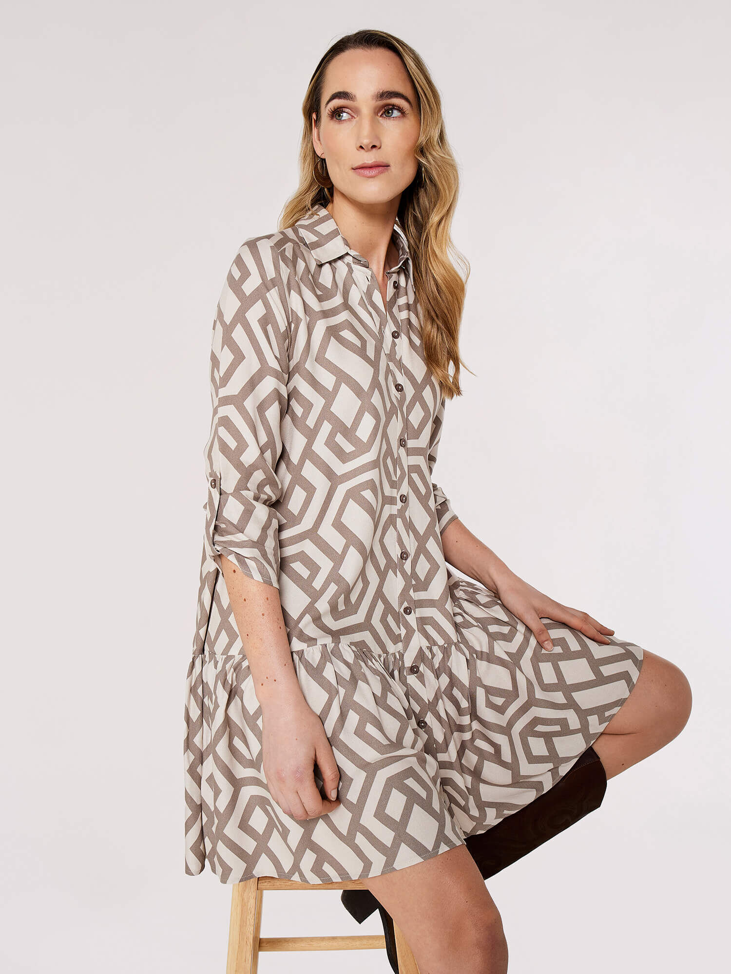 Geometric Print Mini Dress Apricot Clothing