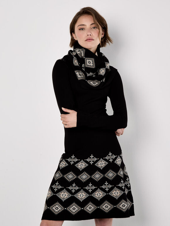 Diamond Border Snood Knitted Mini Dress, Black, large