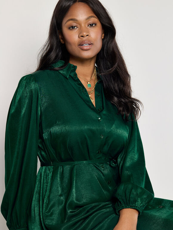 Curve Satin Shirt Midi Dress, Green, large