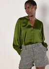 Balloon Sleeve Satin Blouse, Green, large