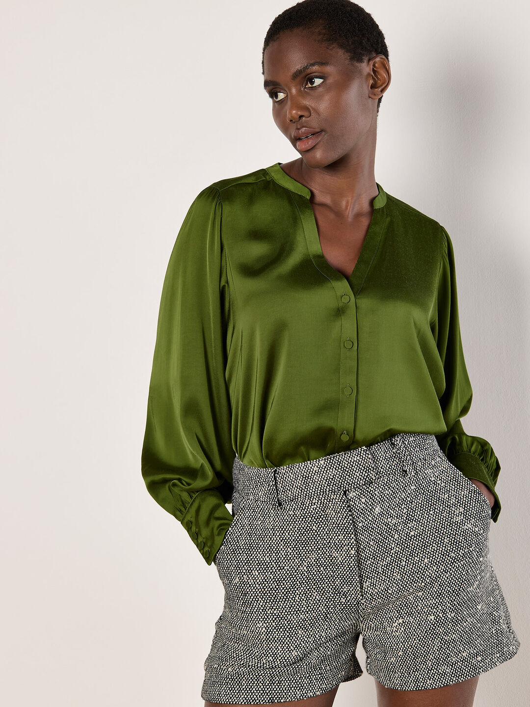 Image of Balloon Sleeve Satin Blouse