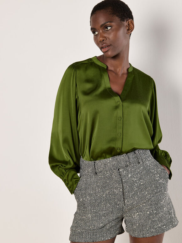 Balloon Sleeve Satin Blouse, Green, large