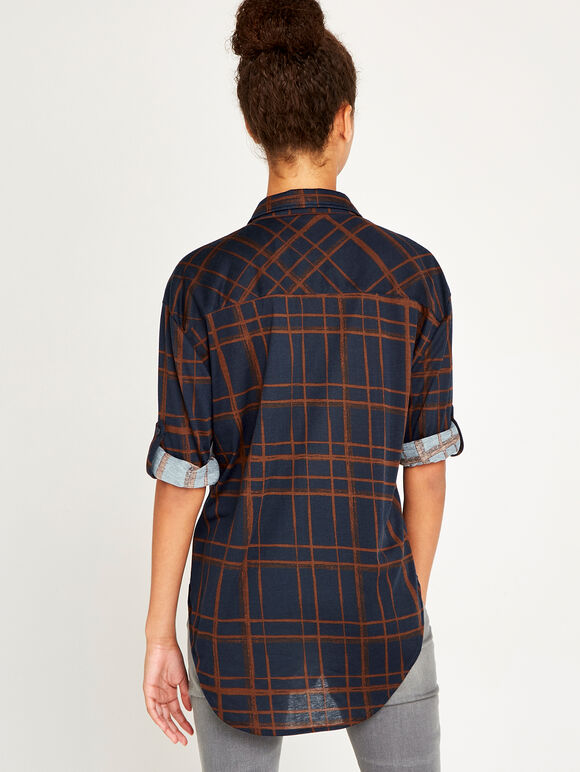 Navy Check Drop Shoulder Shirt, Navy, large
