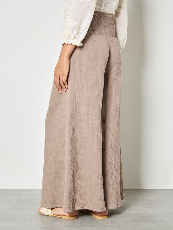 Textured Cotton Wide-Leg Trousers, Brown, large