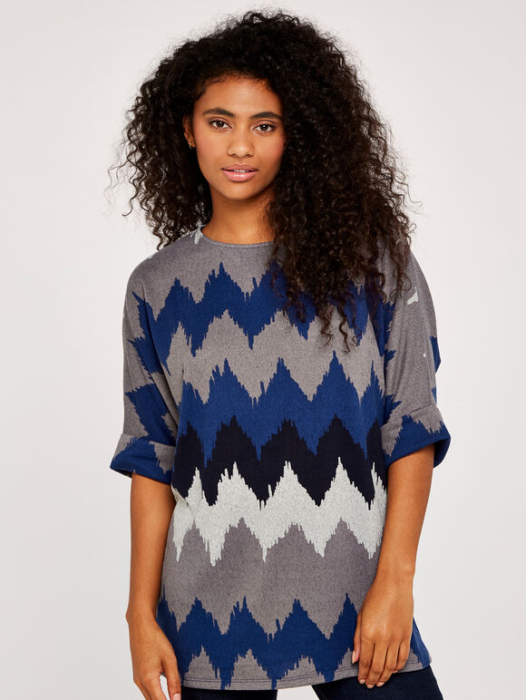 Chevron Batwing Tunic Top, Blue, large