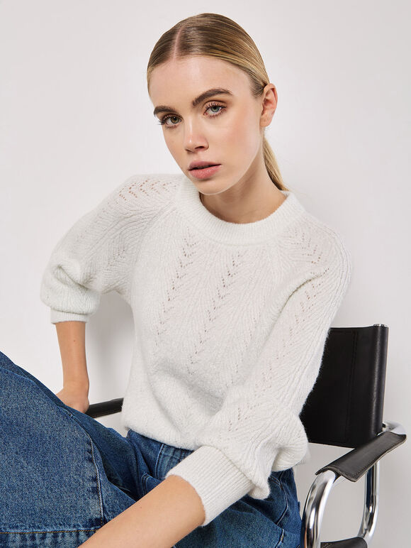 Chevron Pointelle Shimmer Jumper, Cream, large