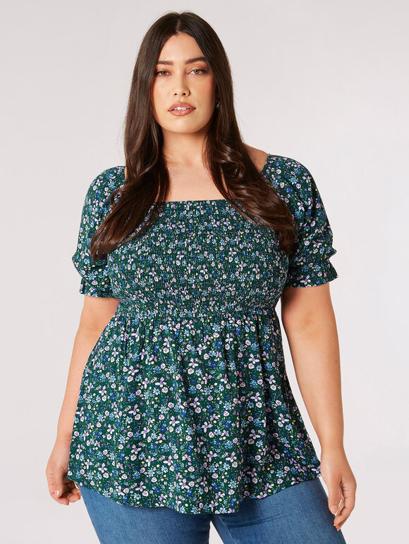 Curve Daisy Floral Milkmaid Top, Green, large